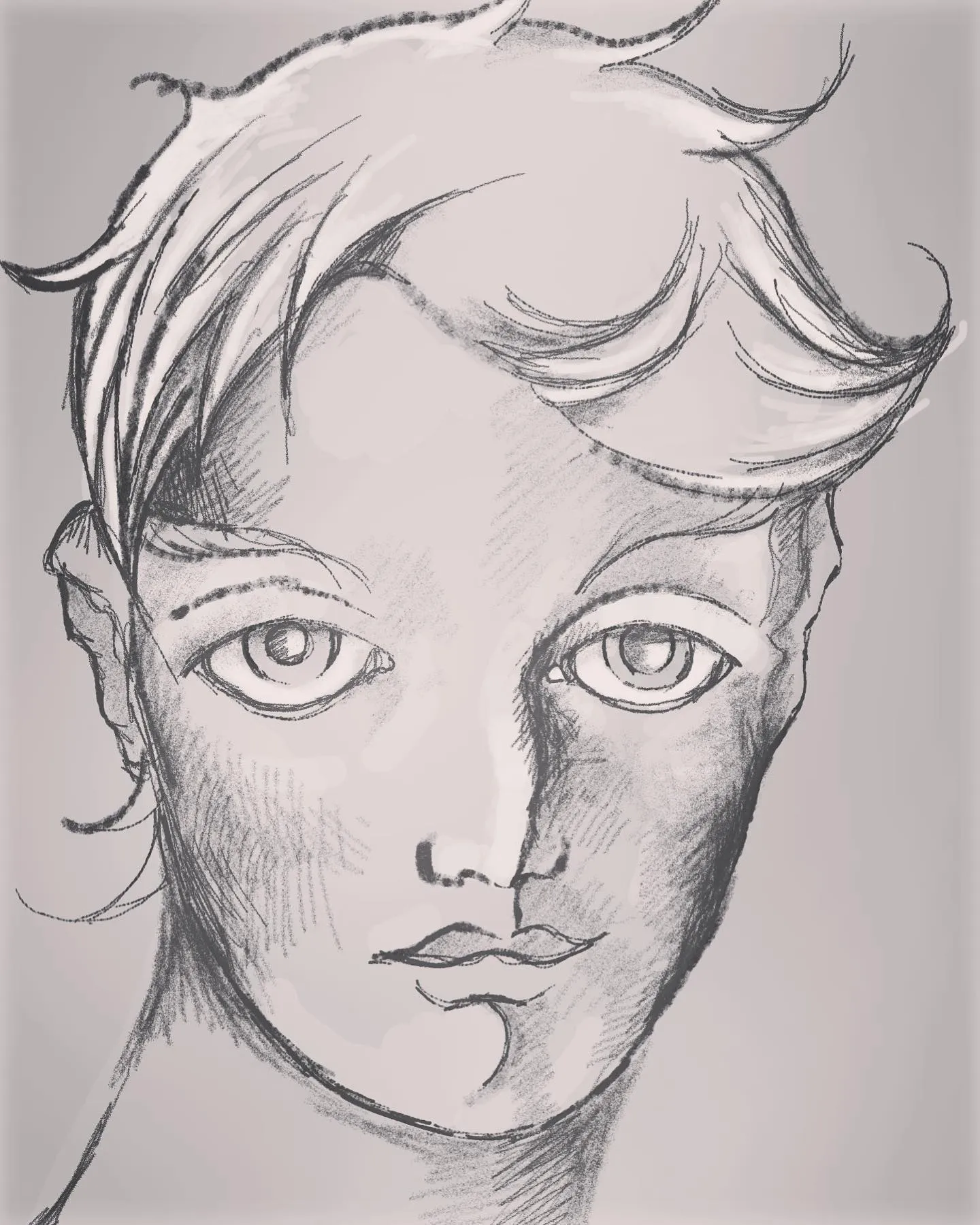 The pencil version of the same face, in soft grey.