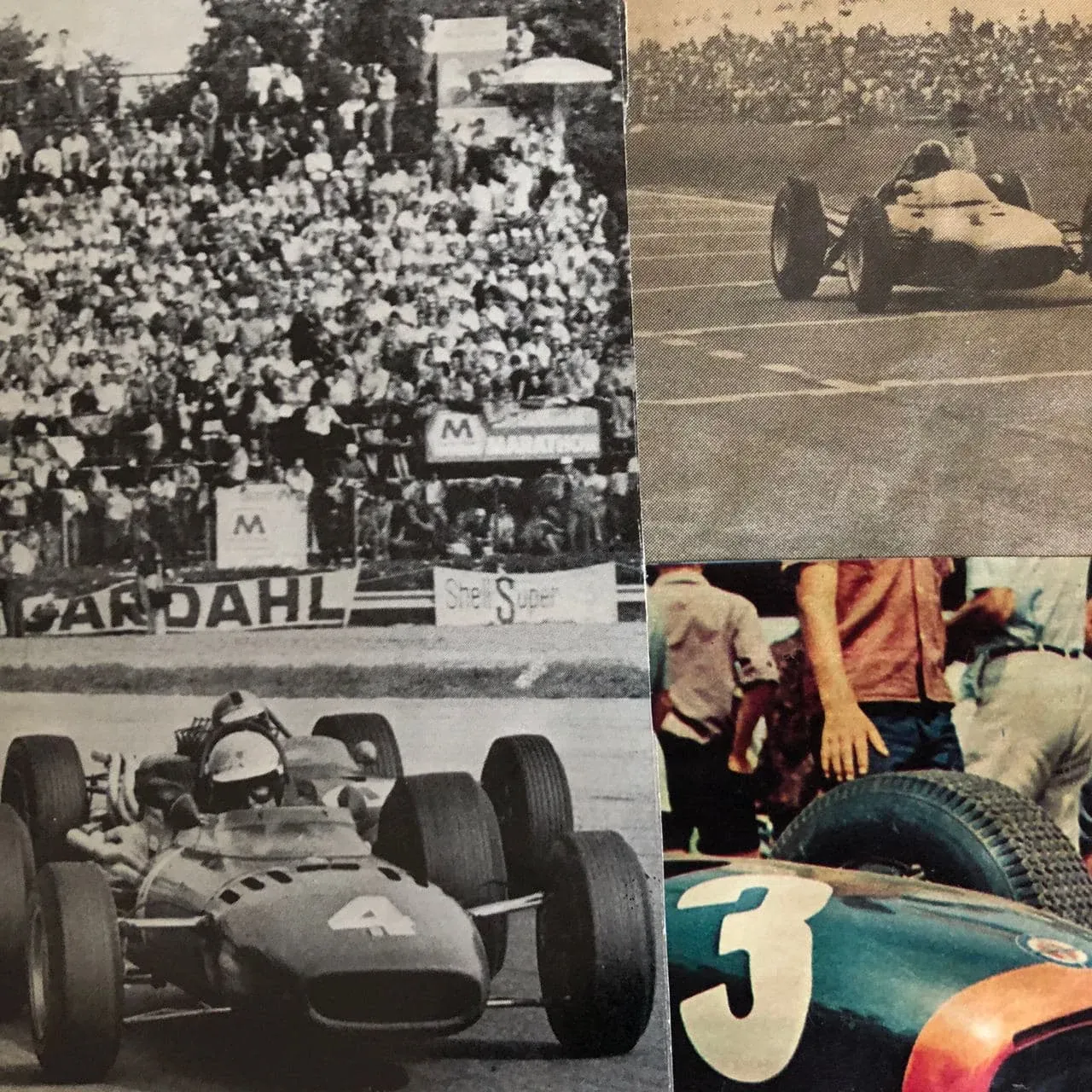 A scrapbook page of newspaper photos of 1960s racing cars and crowds.