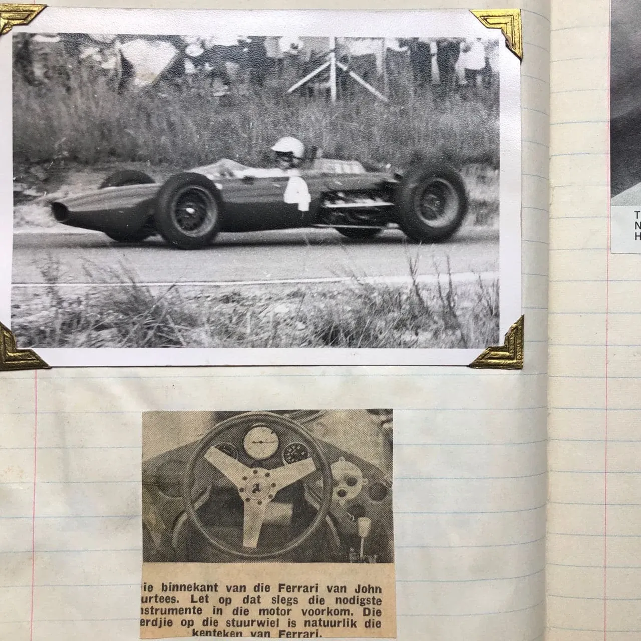 A scrapbook page with a black-and-white photo of a racing car and a newspaper clipping in Afrikaans.